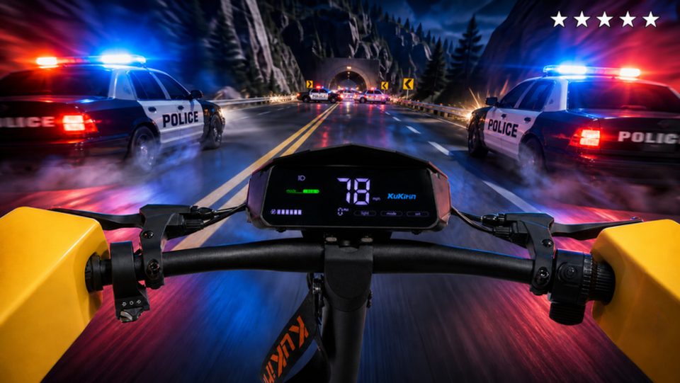 A white Kukirin scooter on a night highway with a police car ahead and the speedometer reading 36 km/h.