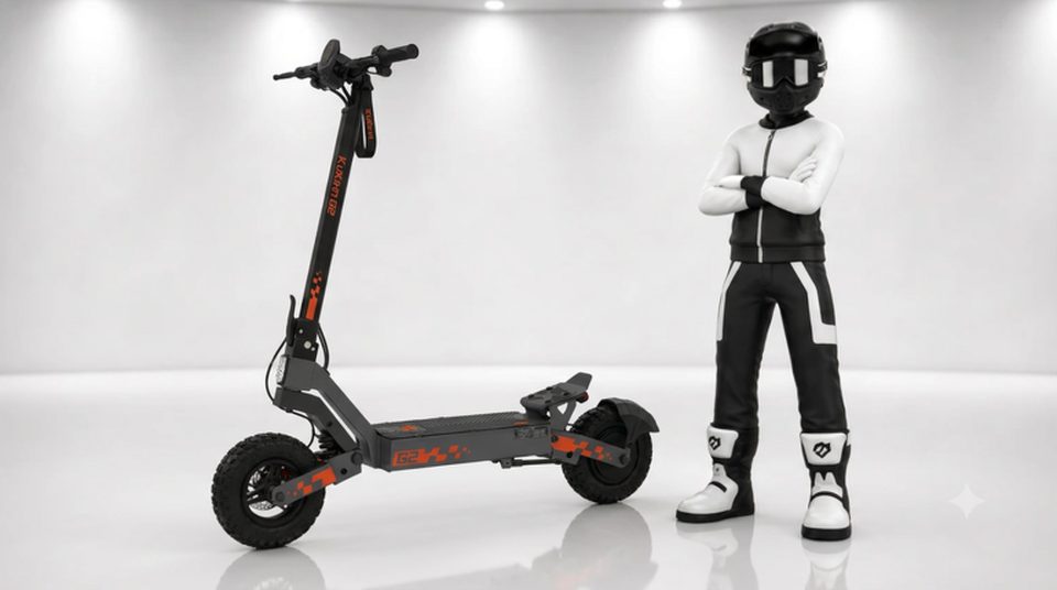 A black-helmet rider holding a wheelie on a white Kukirin scooter at 35 km/h on a wet neon street.